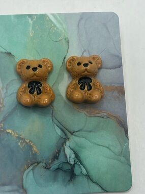 Brown Teddy Bear Stud Earrings with Black Bow Accent